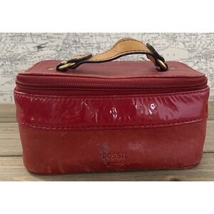 Fossil Small Leather Glossy Red Finish Cosmetic Box Case Zip-Around Closure